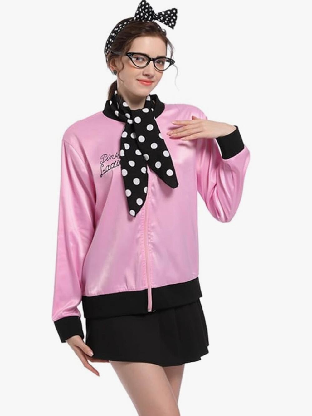 NEW Grease 1950s Pink Lady's Satin Jacket Halloween Costume 6 Piece Set Sz Small